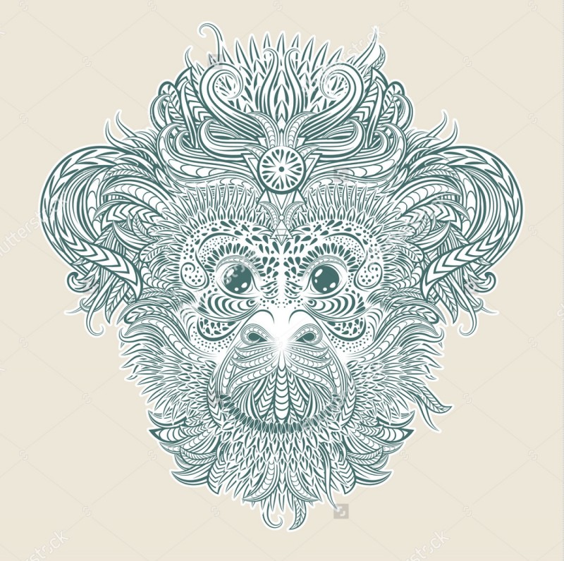 Blue-line patterned monkey face tattoo design