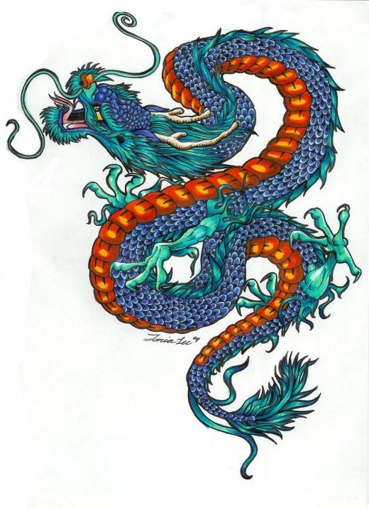 Blue-scaled asian dragon with bright orange belly tattoo design