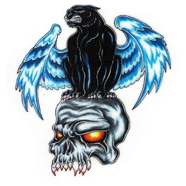 Blue-winged panther sitting on shining-eyed skull tattoo design