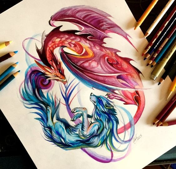 Blue and red swirly wild and mythic animal couple tattoo design