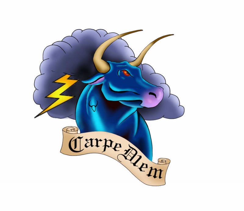 Blue bull with banner on lightning cloud background tattoo design by Paul