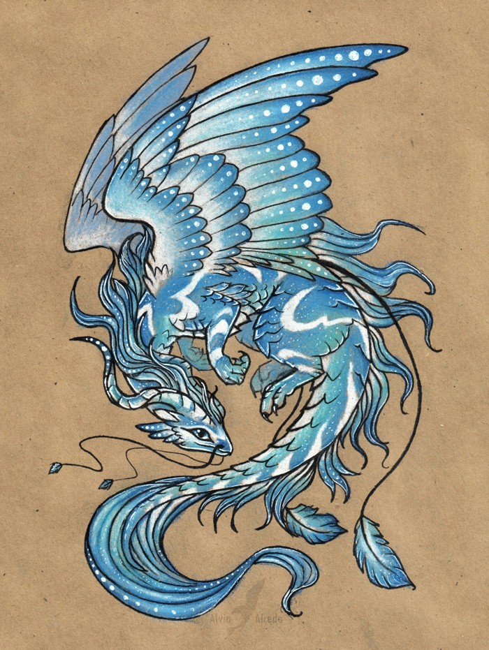 Blue cartoon flying dragon with feathers tattoo design