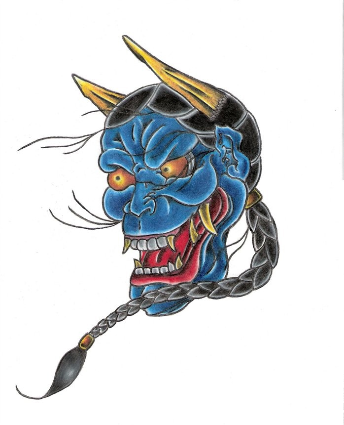 Blue chinese demon with a long black plait tattoo design