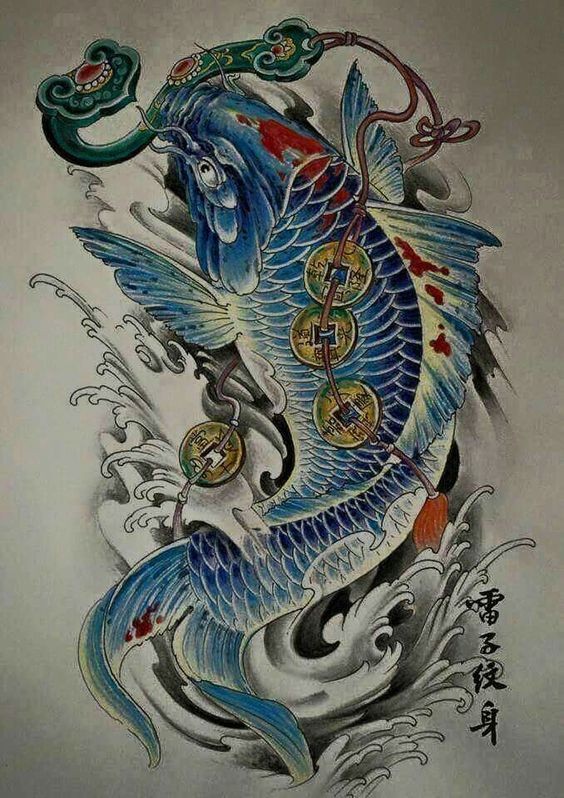 Blue chinese fish with a bunch of coins tattoo design