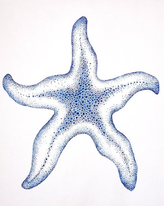 Blue dotwork-style starfish with waving ends tattoo design