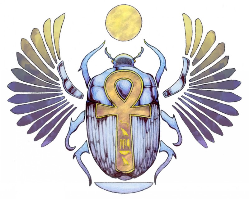 Blue egyptian scarab bug with huge ankh cross symbol print tattoo design