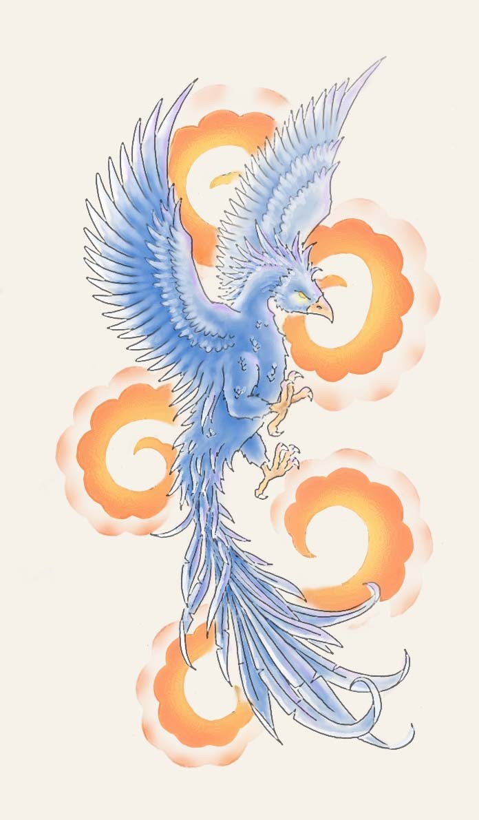 Blue evil phoenix on orange curles background tattoo design