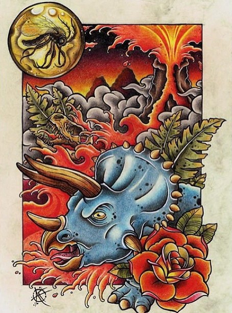 Blue horned dinosaur and lava background tattoo design