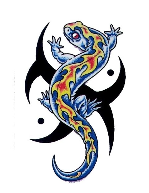 Blue lizard with fiery back and tribal symbol tattoo design