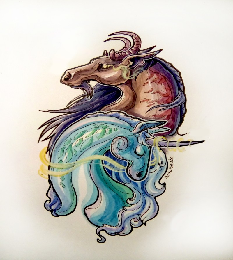 Blue magical unicorn and brown goat tattoo design