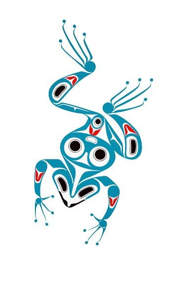 Blue maori frog with black and red elements tattoo design
