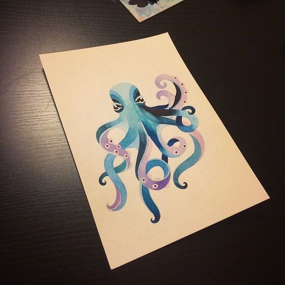 Blue painting octopus with purple tentacles tattoo design