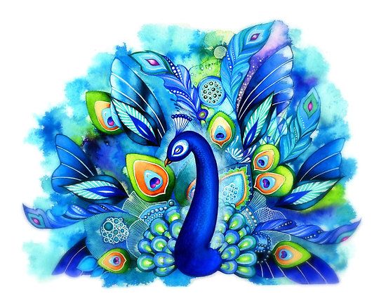 Blue peacock with fluffy tail on watercolor background tattoo design