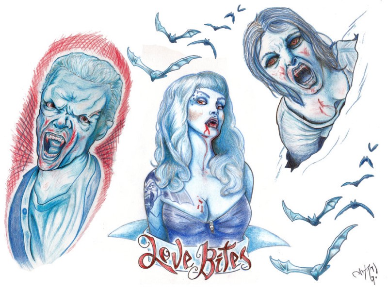 Blue pencilwork vampires stained with blood tattoo designs