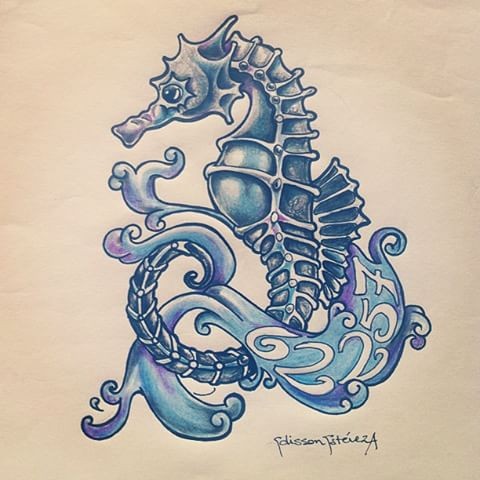 Blue seahorse swimming in swirly water tattoo design
