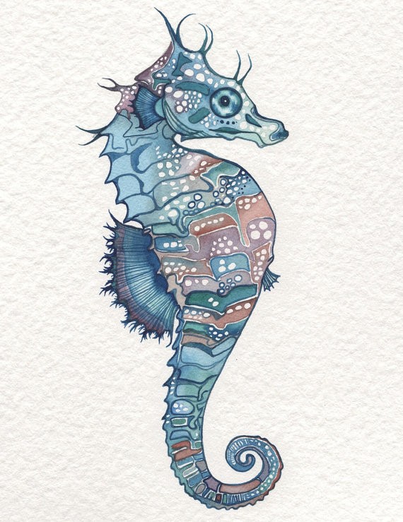 Blue seahorse with brown specked belly tattoo design