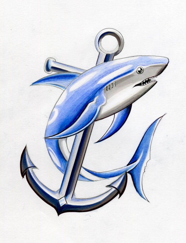 Blue shark and his iron anchor tattoo design