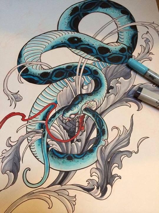 Blue snake and grey leaves decorations tattoo design