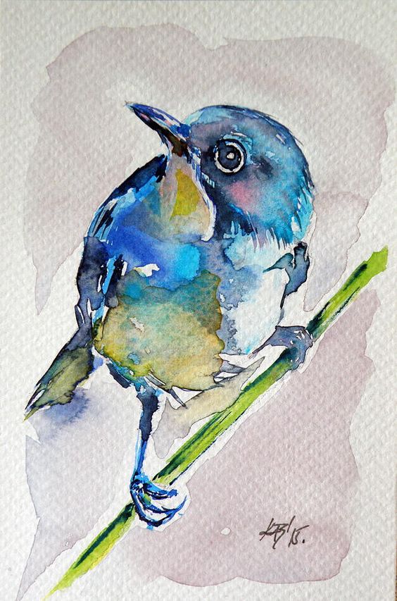 Blue watercolor bird sitting on green stem tattoo design