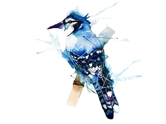 Blue watercolor bird with geometric elements tattoo design