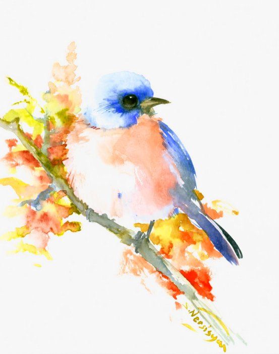 Blue watercolor bird with orange belly resting on leaved branch tattoo design