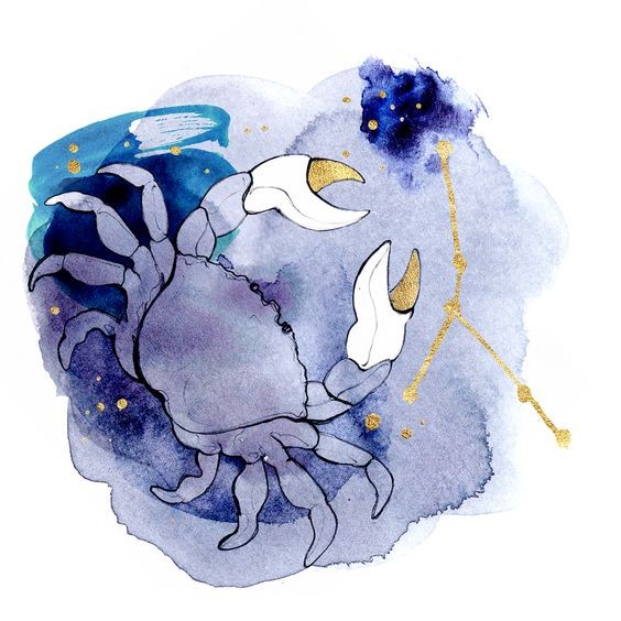 Blue watercolor crab with white-and-gold claws and sky zodiac sign tattoo design