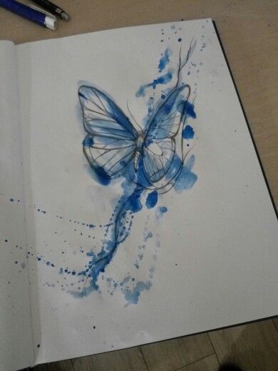 Blue watercolor flying butterfly tattoo design