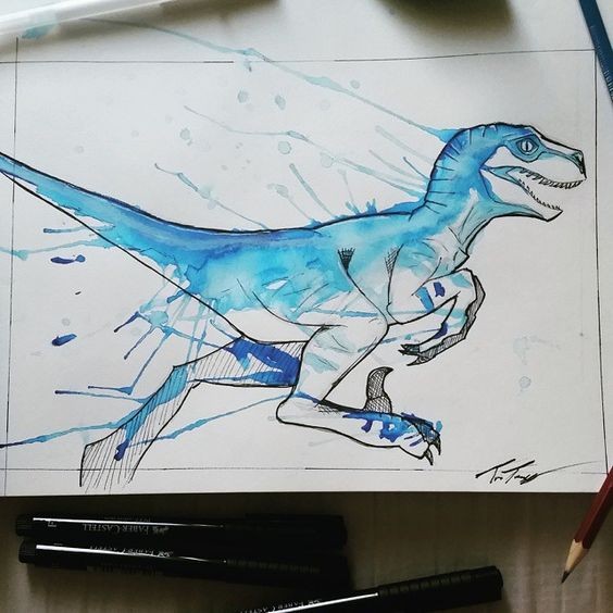 Blue watercolor running dinosaur tattoo design