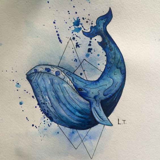 Blue watercolor whale with rhombus figures tattoo design
