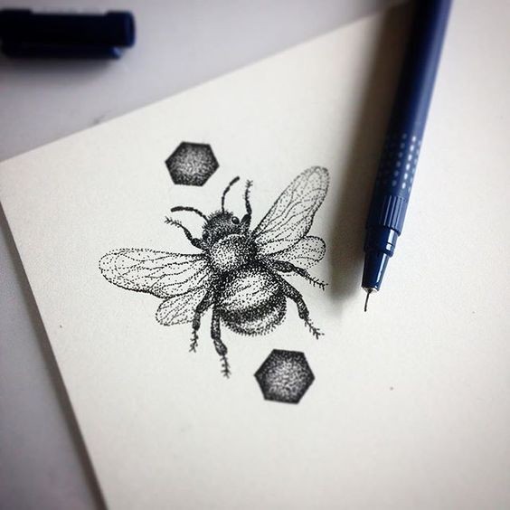 Blump dotwork bee surrounded with hexagones tattoo design