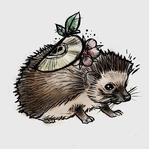 Bonnt hedgehog with berries and disk on back tattoo design