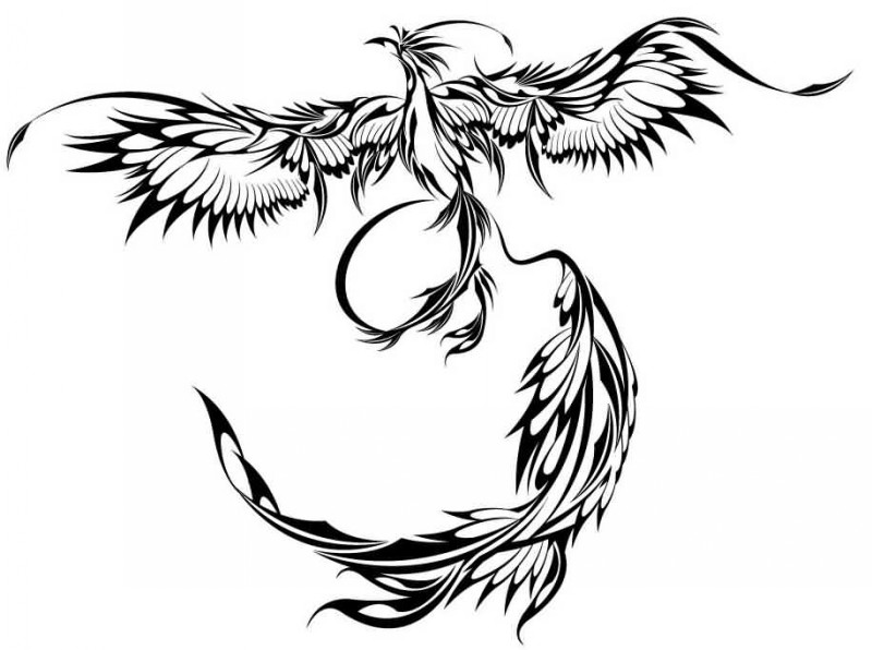 Bonny black-ink tribal phoenix with giant tail tattoo design