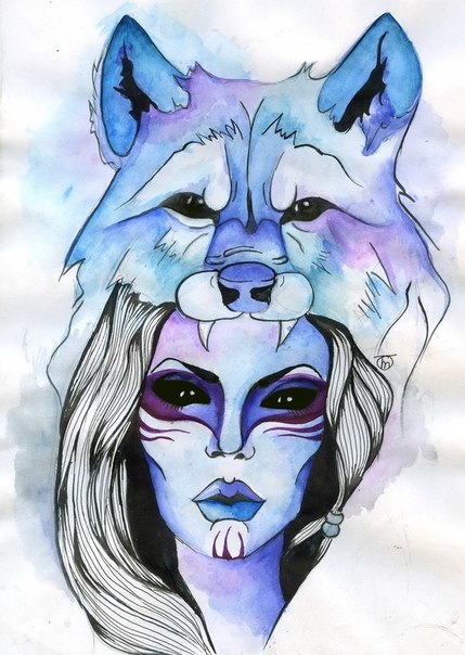 Bonny blue watercolor girl with a wolf hat tattoo design