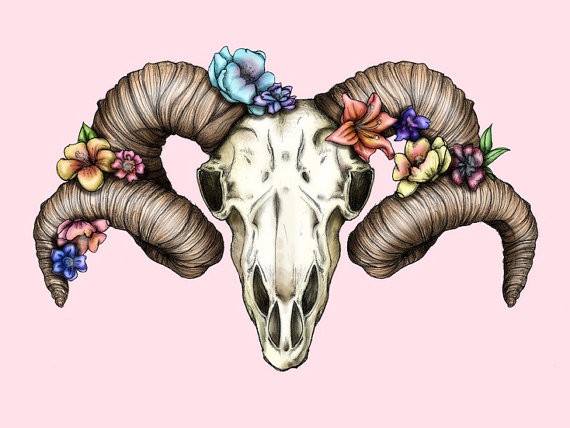 Bonny colored ram skull with nice tiny flowers on horns tattoo design