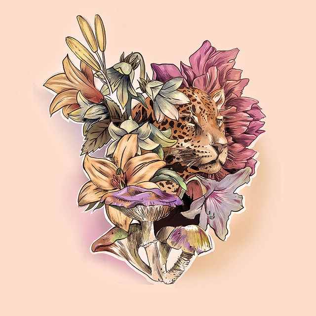 Bonny colorful leopard looking out of flowers and mushrooms tattoo design