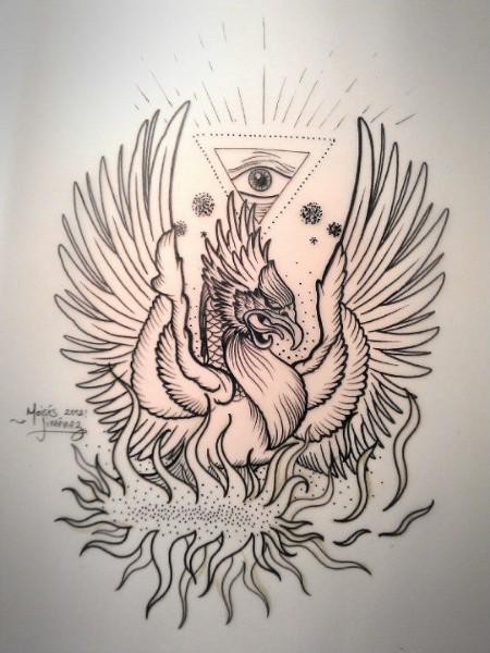 Bonny colorless phoenix in flame and illuminati symbol tattoo design