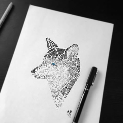 Bonny dotwork geometric blue-eyed wolf portrait tattoo design