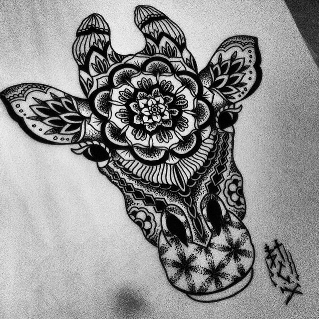 Bonny grey giraffe head with mandala and flowers of life patterns tattoo design