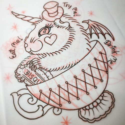 Bonny new school rodent with horn sitting in cup tattoo design