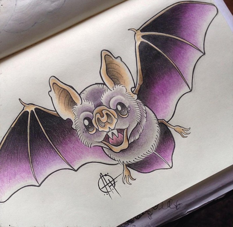 Bonny purple-winged vampire bat tattoo design by Frost Tattoo