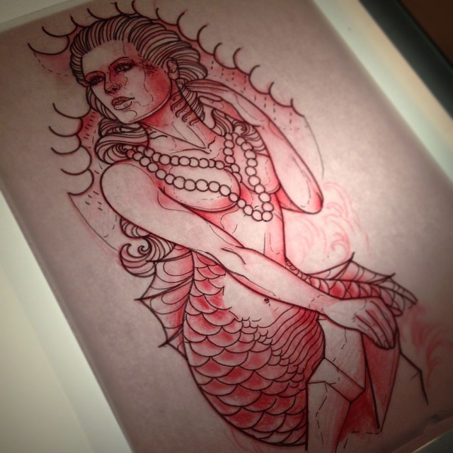 Bonny red-ink bead-decorated mermaid tattoo design