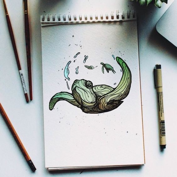 Bonny small green turtle swimming on sea bottom tattoo design