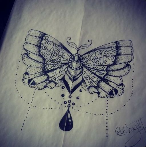 Bonny uncolored gem butterfly with hanging necklace tattoo design