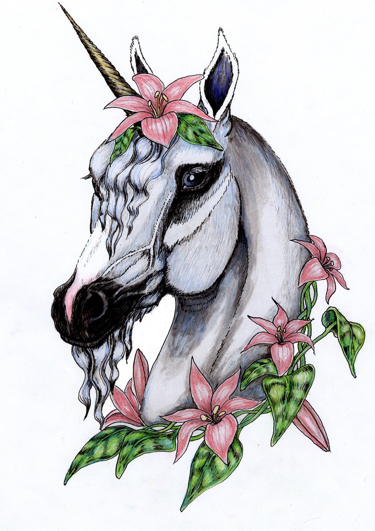 Bonny unicorn head decorated with rosy flowers tattoo design by Spotted Pegasus