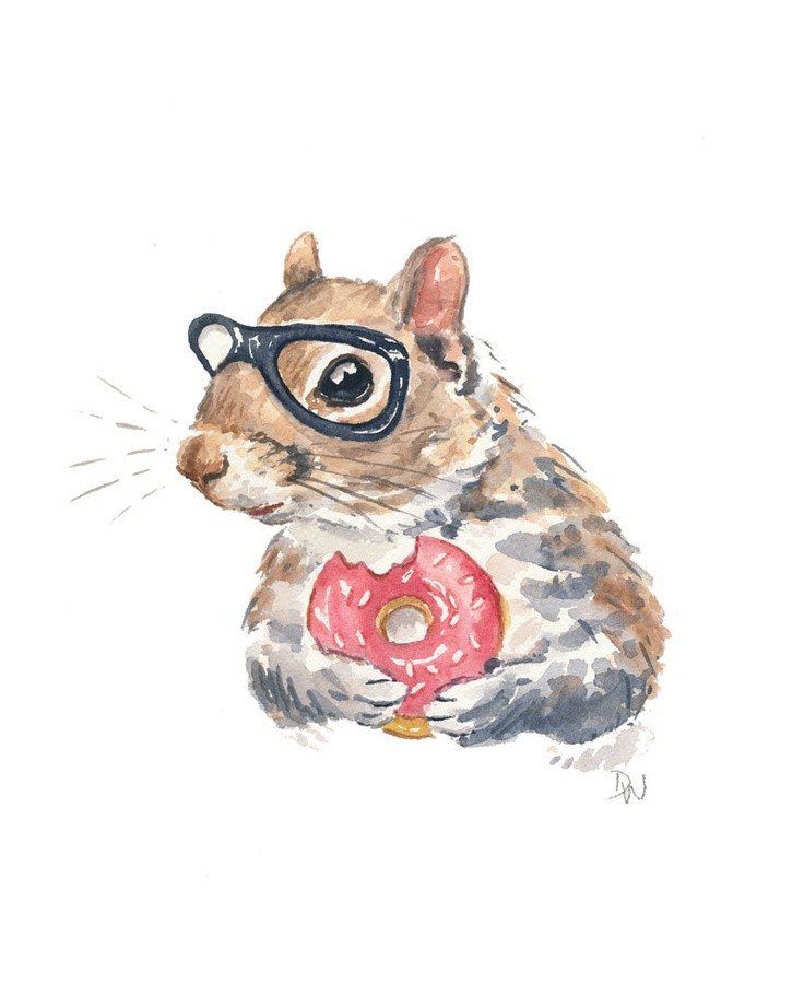 Bonny watercolor squirrel in glasses with pink frosted nutcake tattoo design