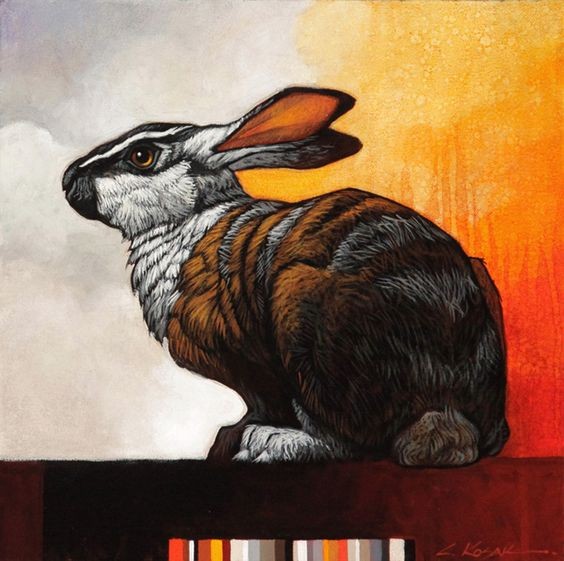Bonny white-and-brown hare sitting on grey-and-orange background tattoo design