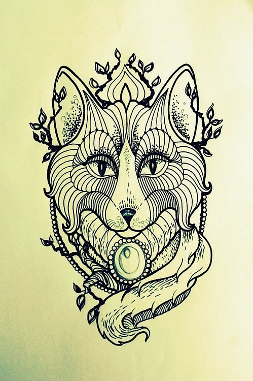 Bonny wolf portrait in beaded frame and shining gem tattoo design