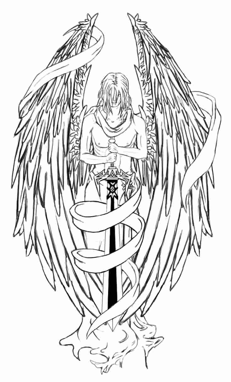 Anjo corajoso mantendo um longo desenho de tatuagem de espada preta