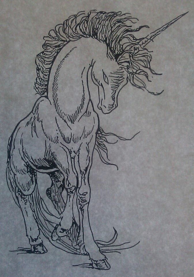 Brave linework unicorn tattoo design by Sonichakeem