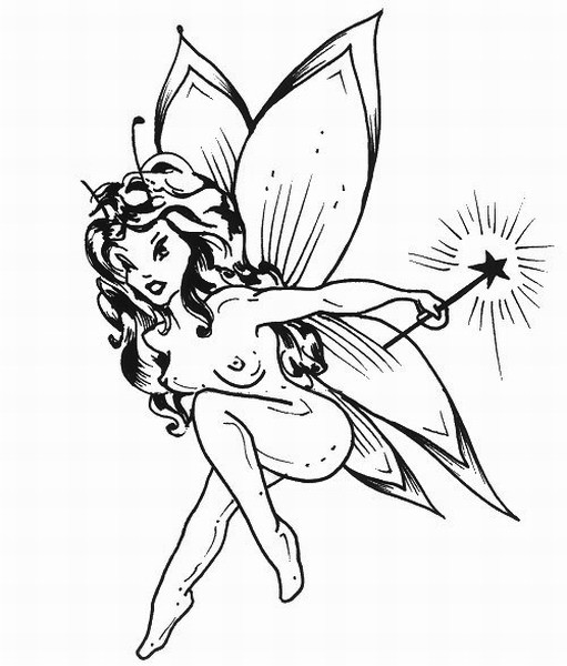 Brave outline naked fairy with a shining wand tattoo design